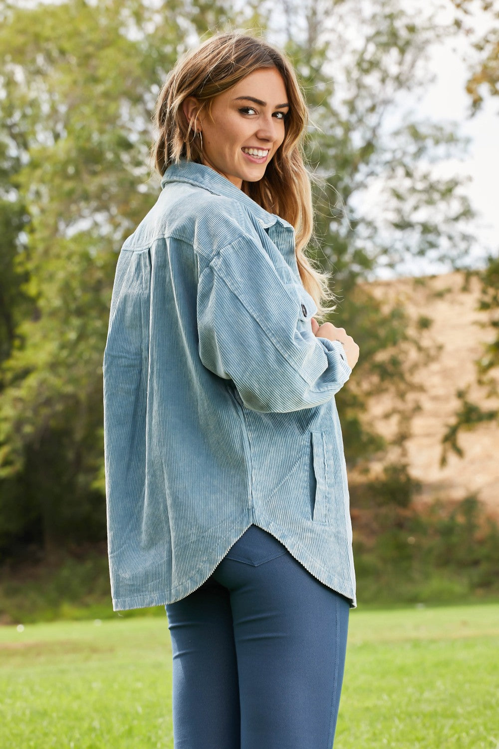 Corn Maze Vintage Washed Corduroy Shacket in Blue Grey