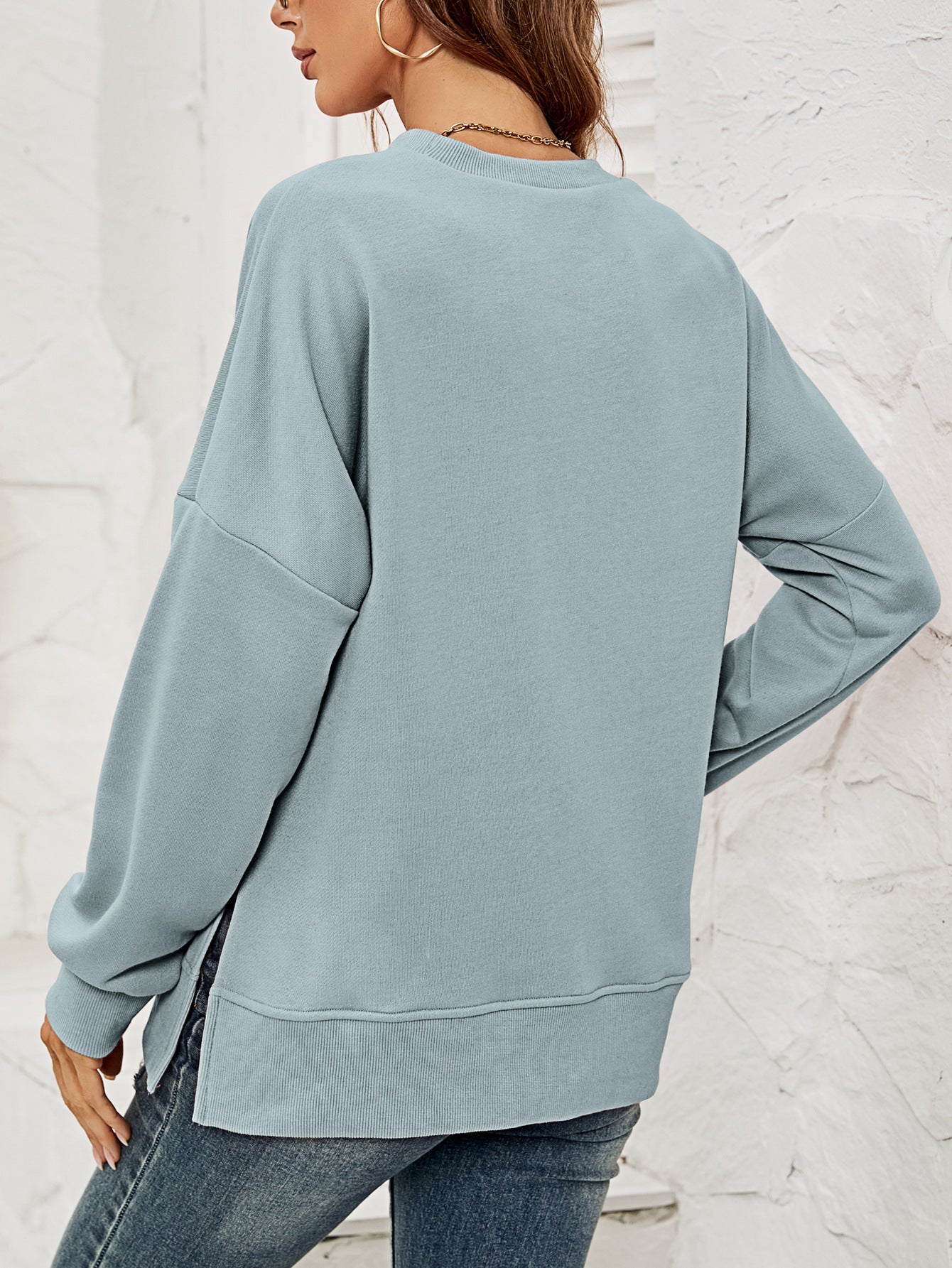 Round Neck Dropped Shoulder Slit Sweatshirt