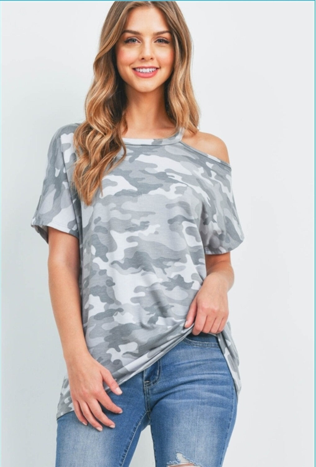 Camo cold shoulder discount top