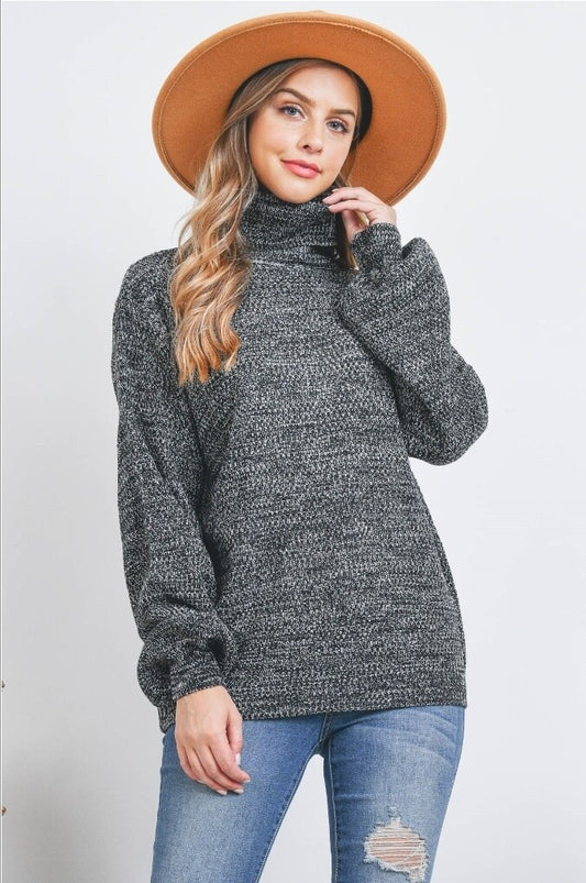 TURTLENECK MELANGE BALLOON SLEEVE SWEATER
