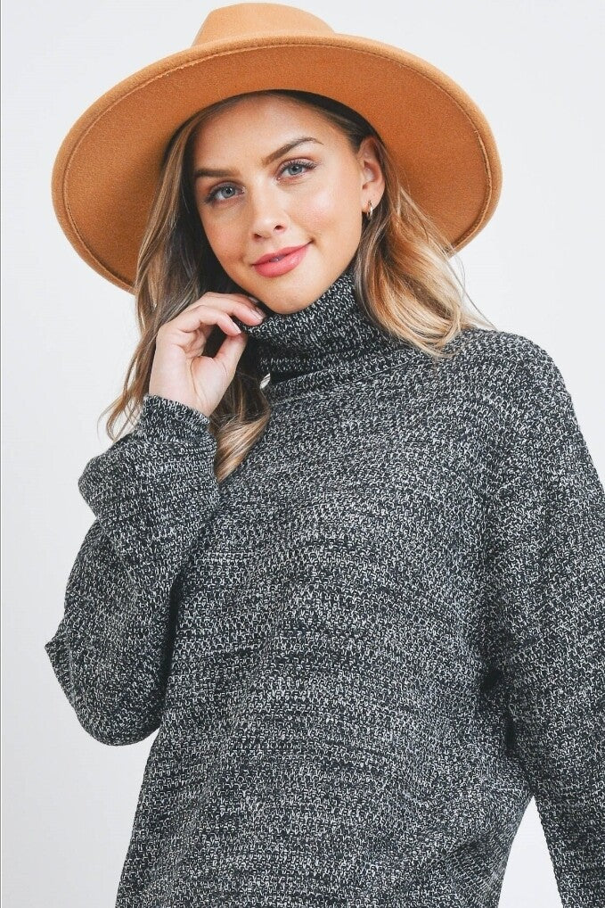 TURTLENECK MELANGE BALLOON SLEEVE SWEATER