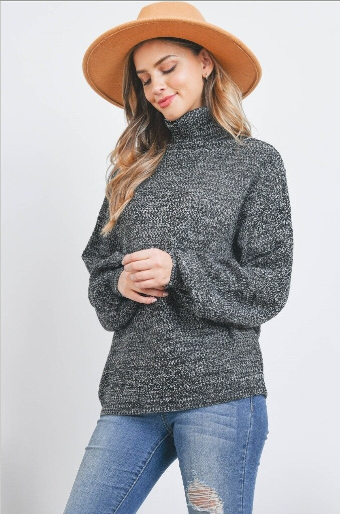 TURTLENECK MELANGE BALLOON SLEEVE SWEATER