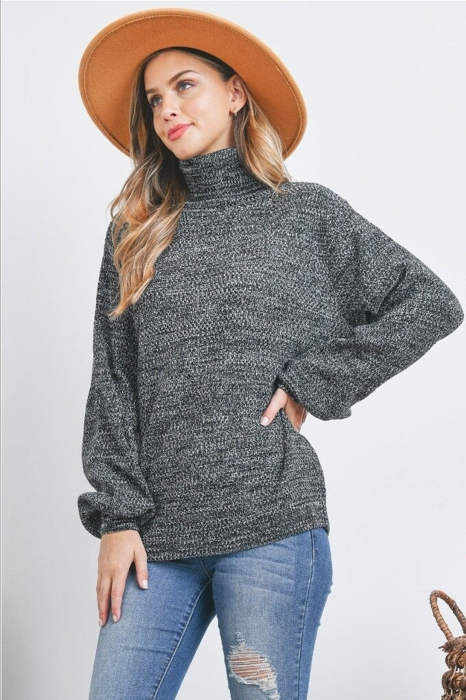 TURTLENECK MELANGE BALLOON SLEEVE SWEATER