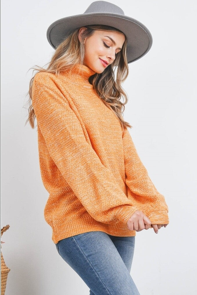 TURTLENECK MELANGE BALLOON SLEEVE SWEATER