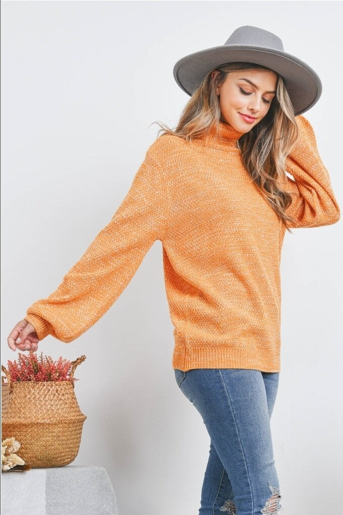 TURTLENECK MELANGE BALLOON SLEEVE SWEATER