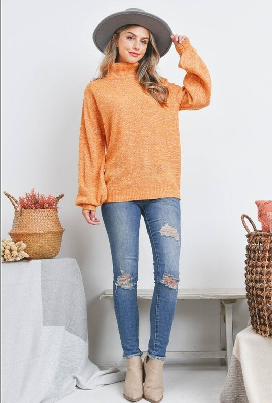 TURTLENECK MELANGE BALLOON SLEEVE SWEATER