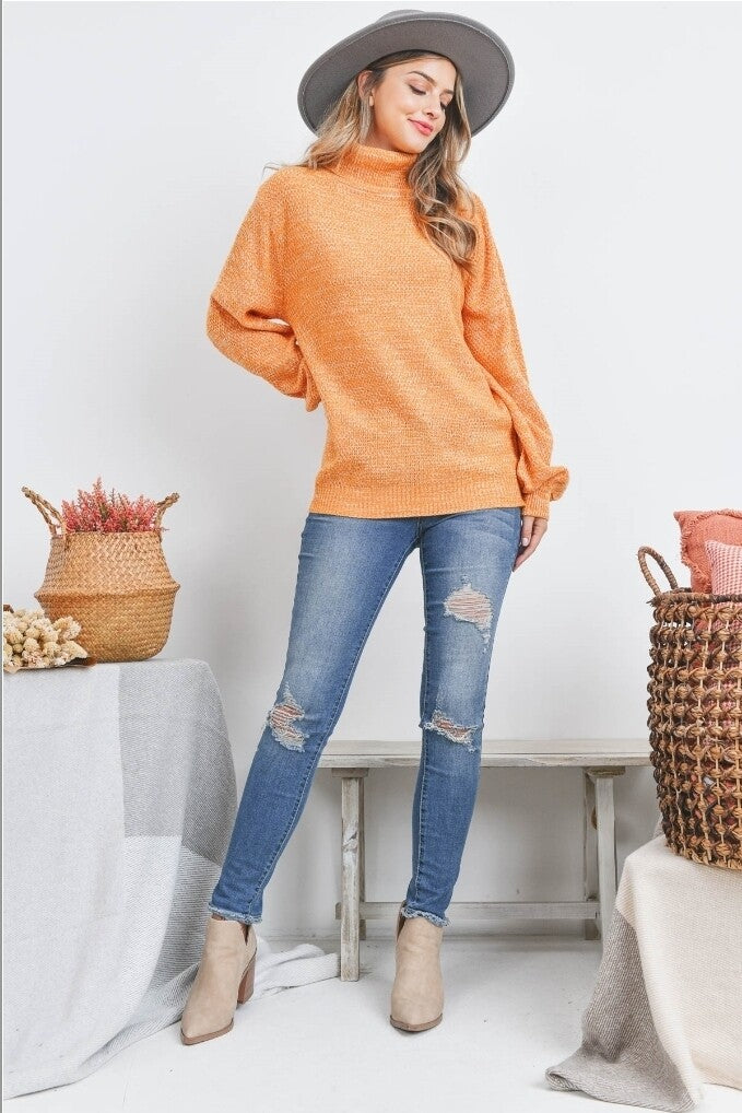 TURTLENECK MELANGE BALLOON SLEEVE SWEATER