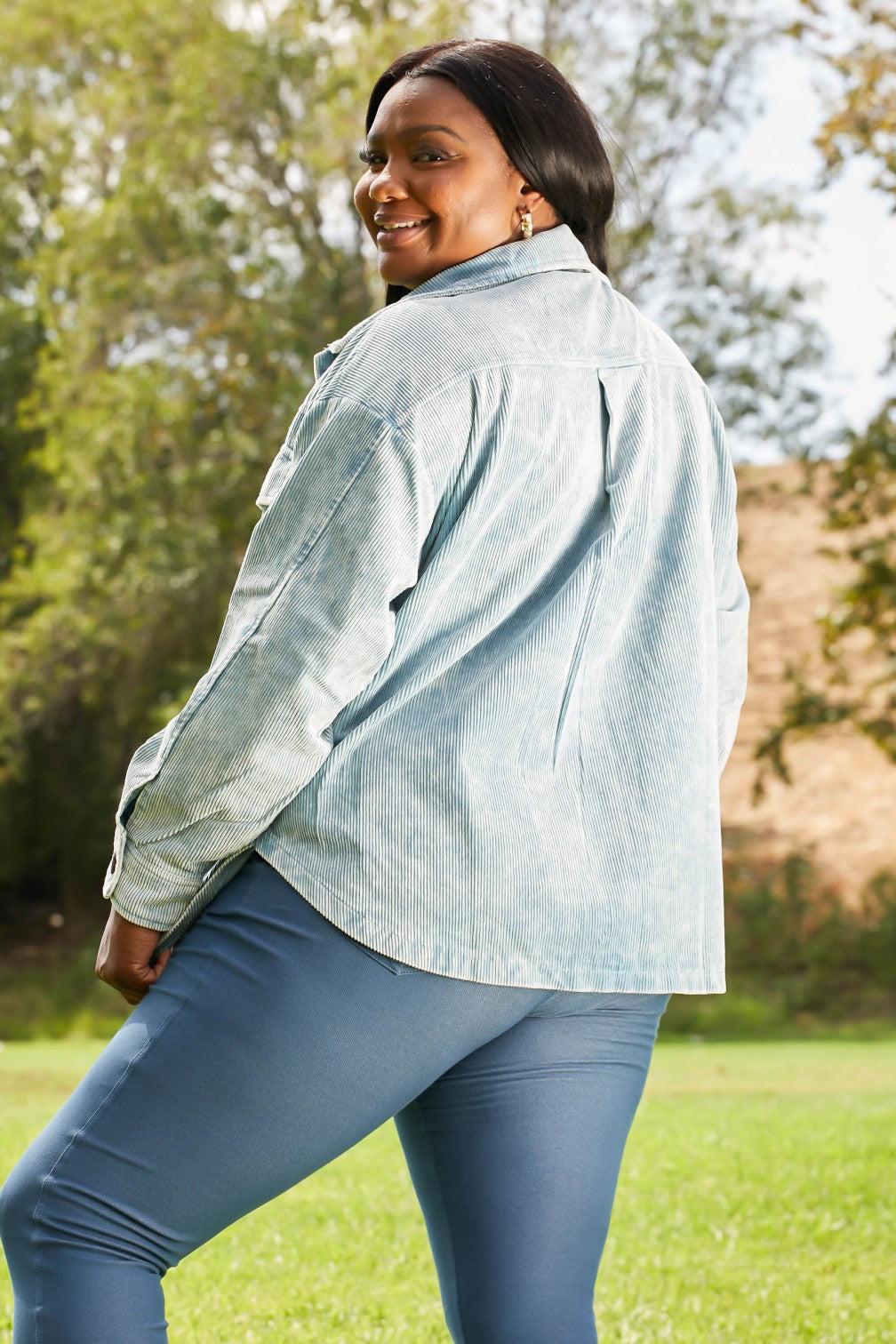 Corn Maze Vintage Washed Corduroy Shacket in Blue Grey