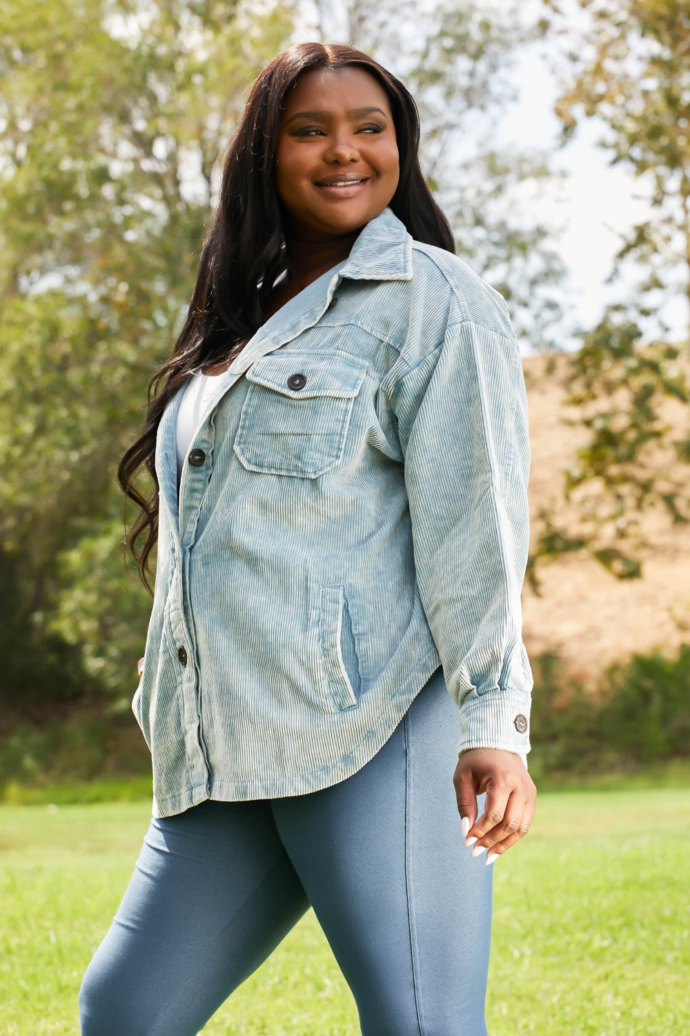 Corn Maze Vintage Washed Corduroy Shacket in Blue Grey