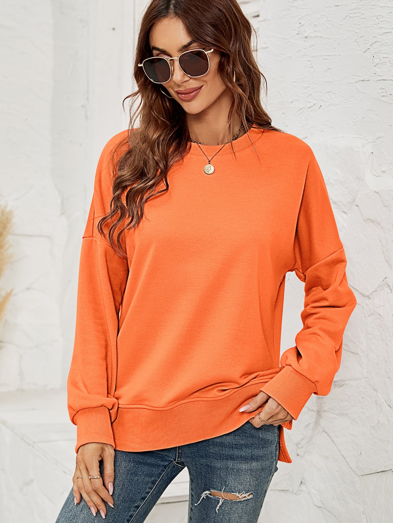 Round Neck Dropped Shoulder Slit Sweatshirt