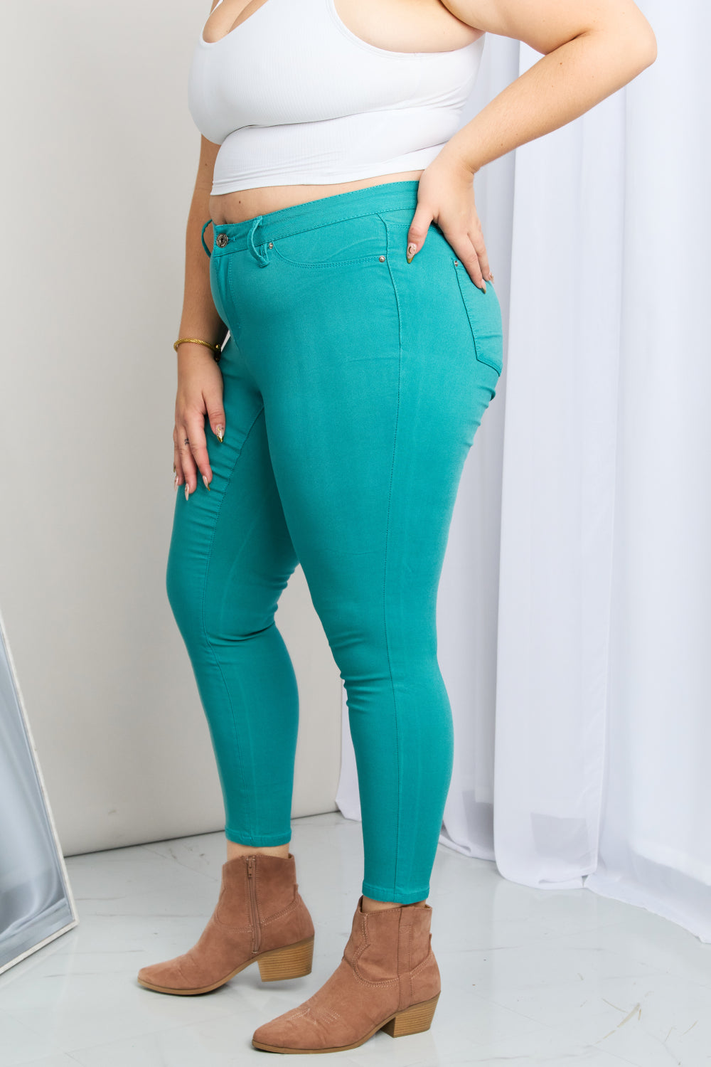 Kate Hyper-Stretch Mid-Rise Skinny Jeans in Sea Green