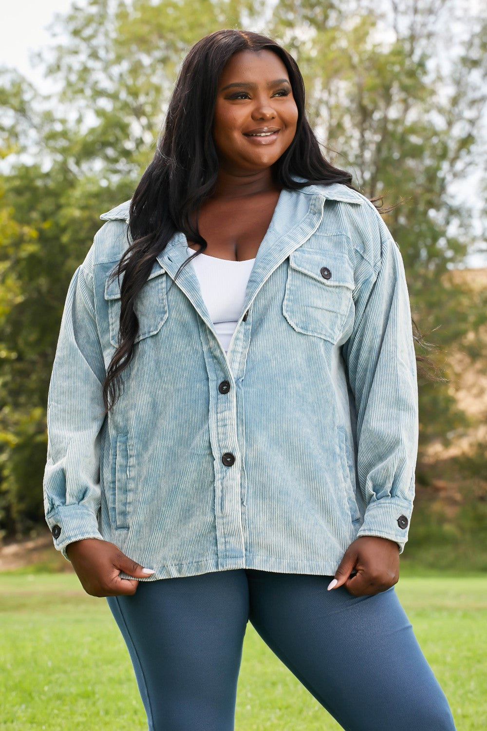 Corn Maze Vintage Washed Corduroy Shacket in Blue Grey