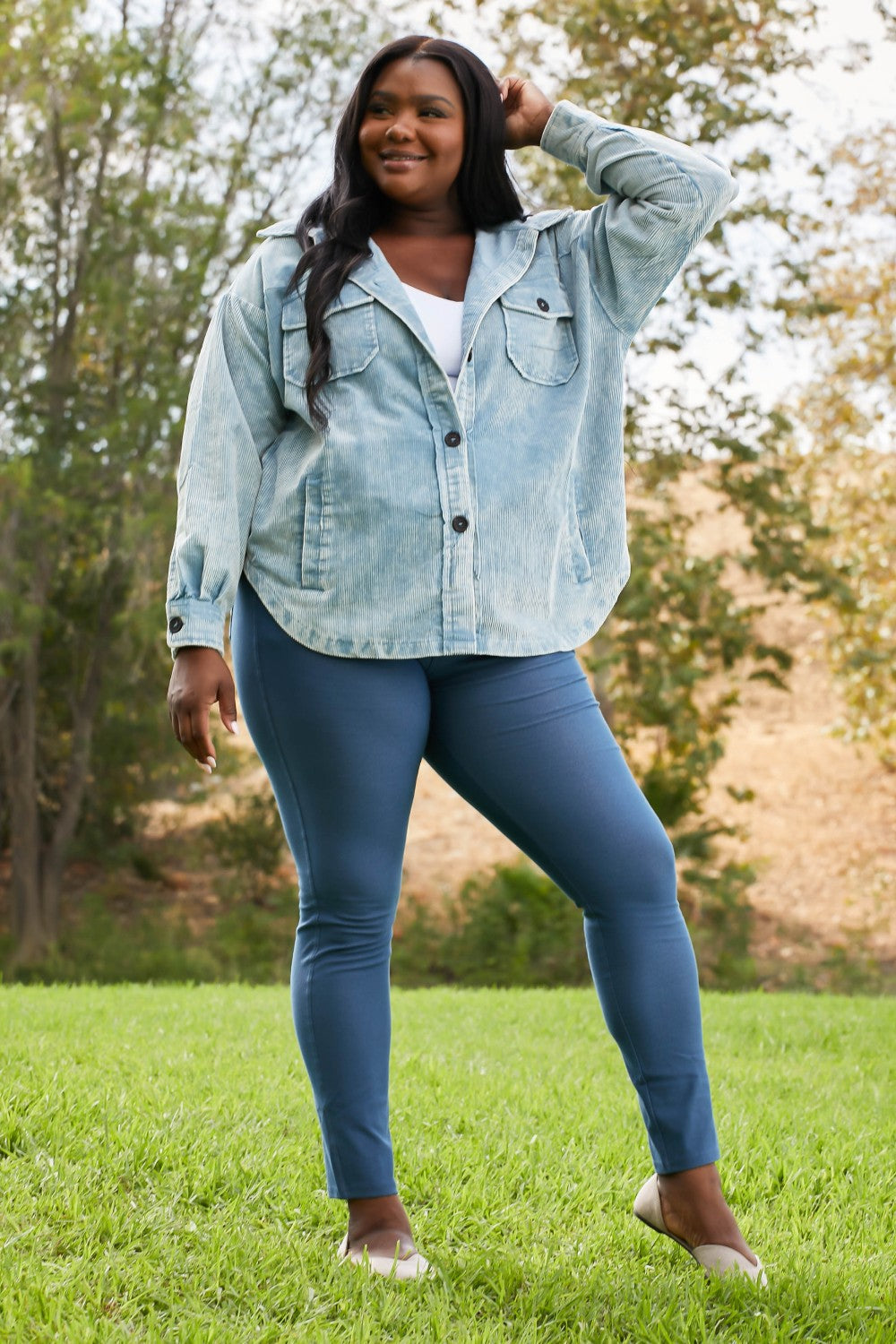 Corn Maze Vintage Washed Corduroy Shacket in Blue Grey