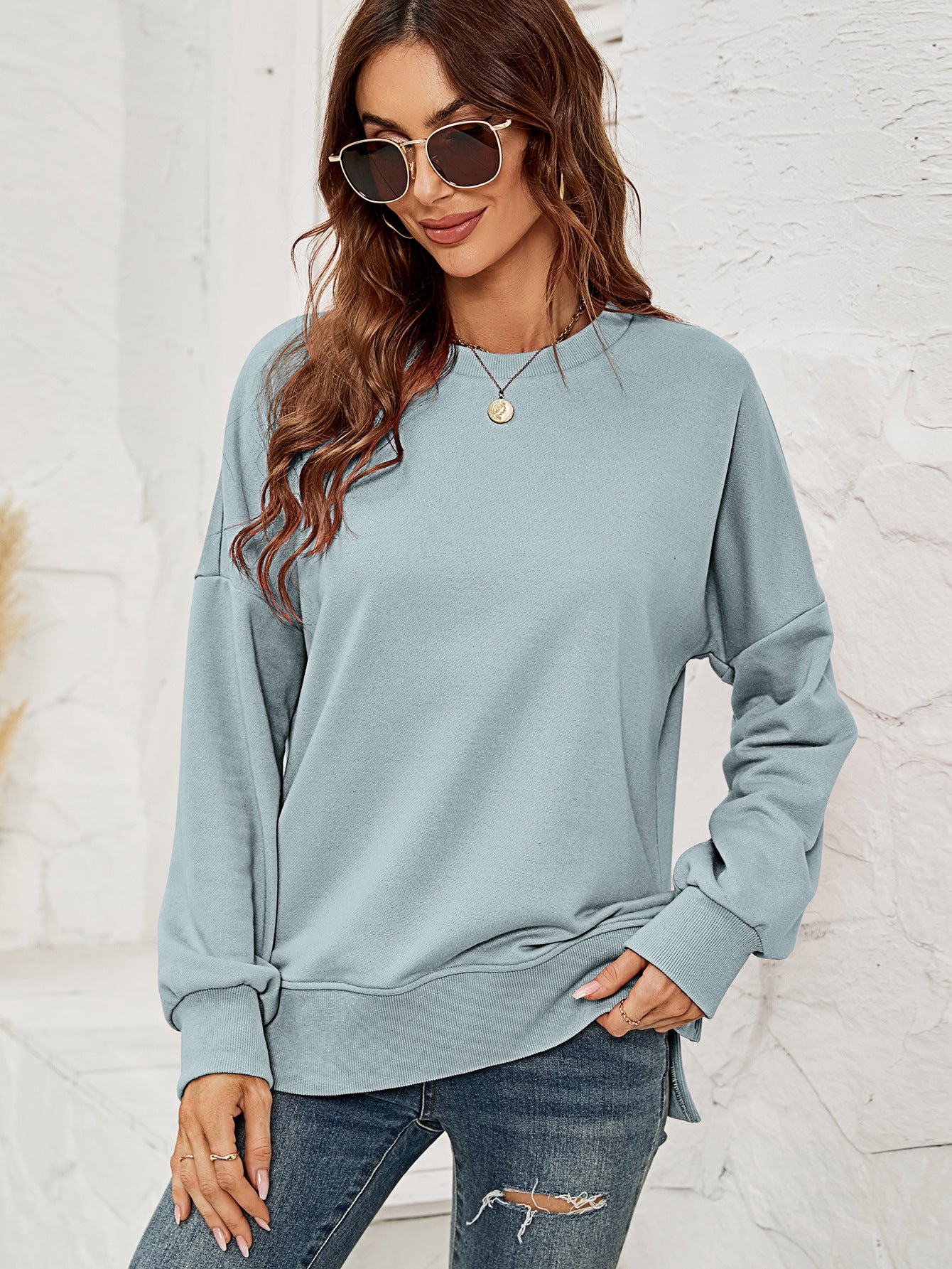 Round Neck Dropped Shoulder Slit Sweatshirt