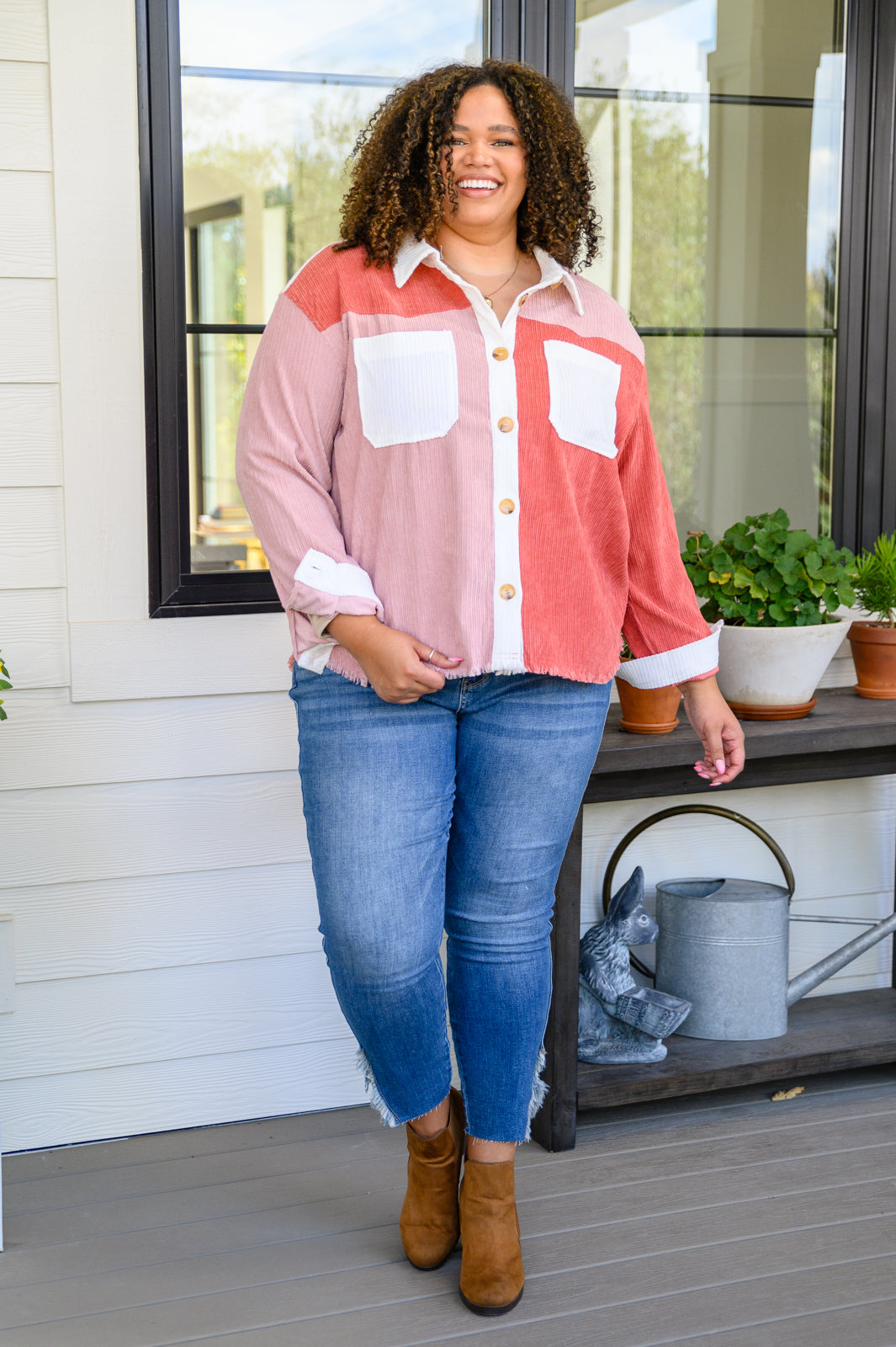 Draw You In Corduroy Color Blocked Shacket In Mauve