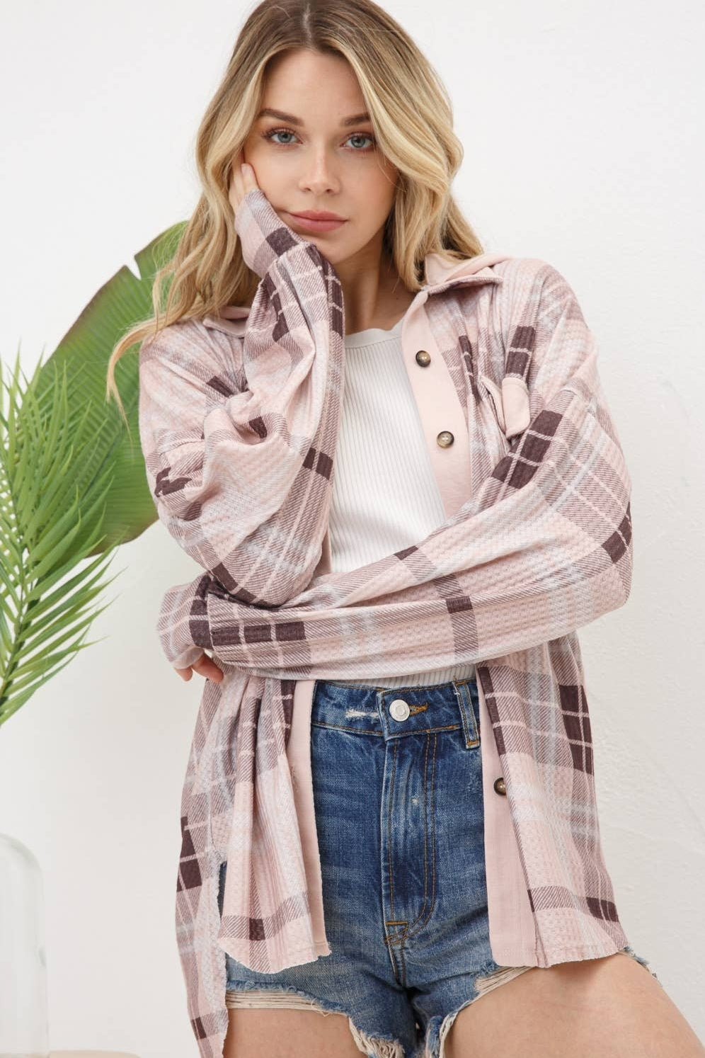 Thermal Plaid Knit Button Up top