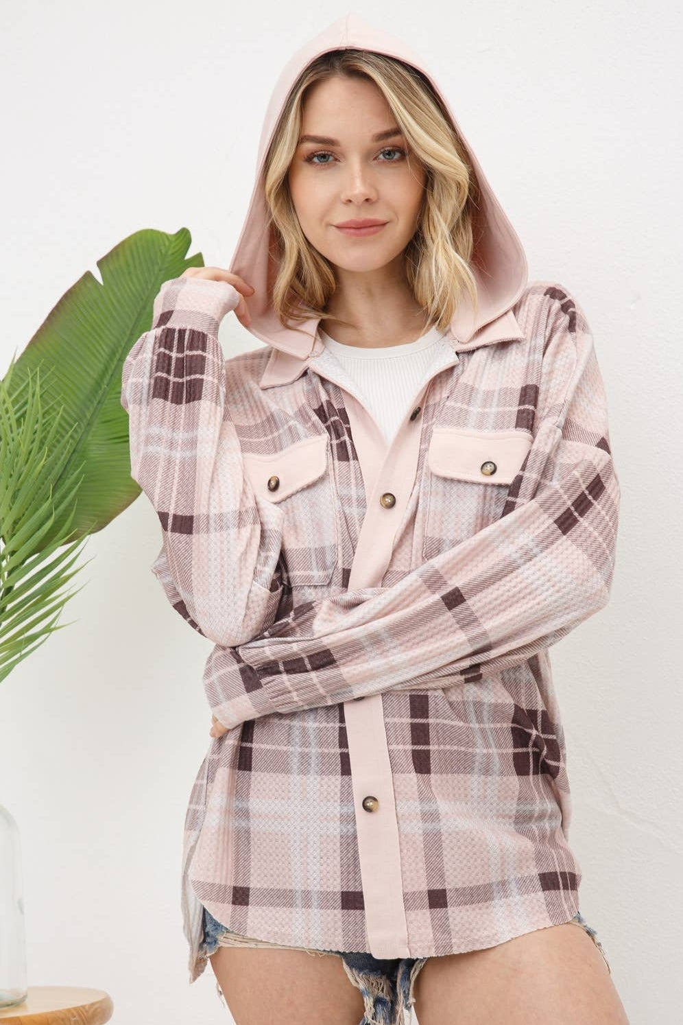 Thermal Plaid Knit Button Up top