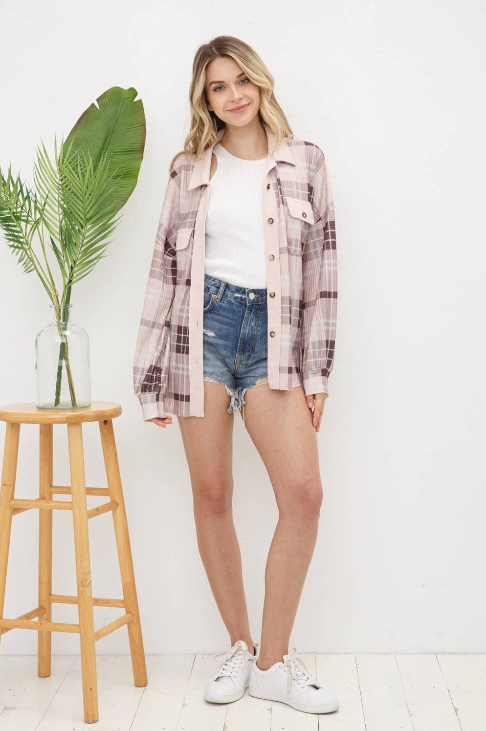 Thermal Plaid Knit Button Up top