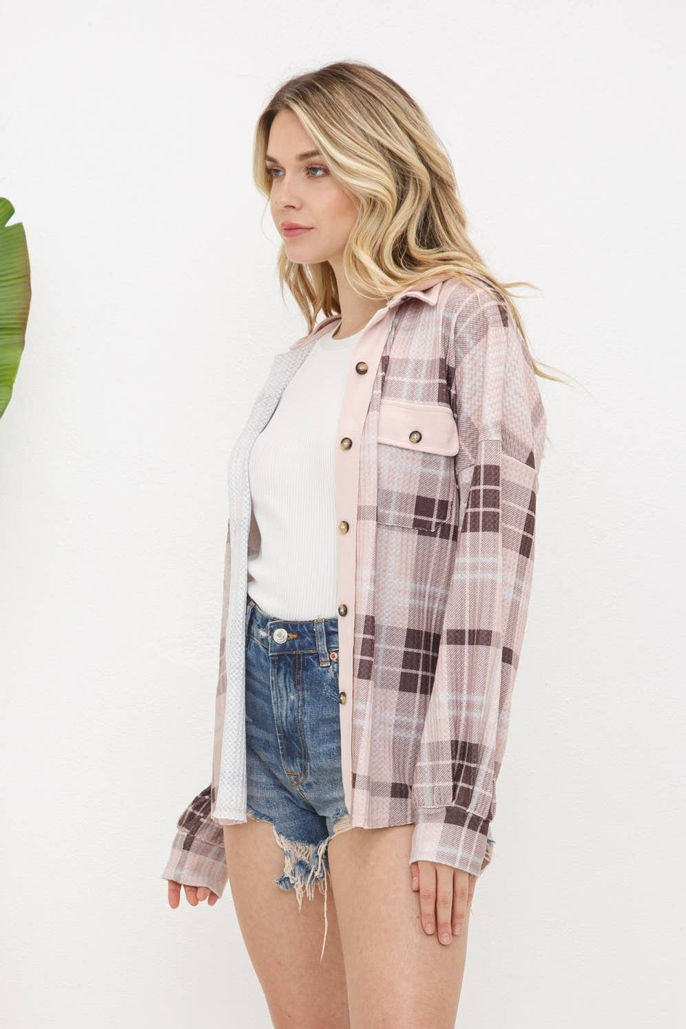 Thermal Plaid Knit Button Up top