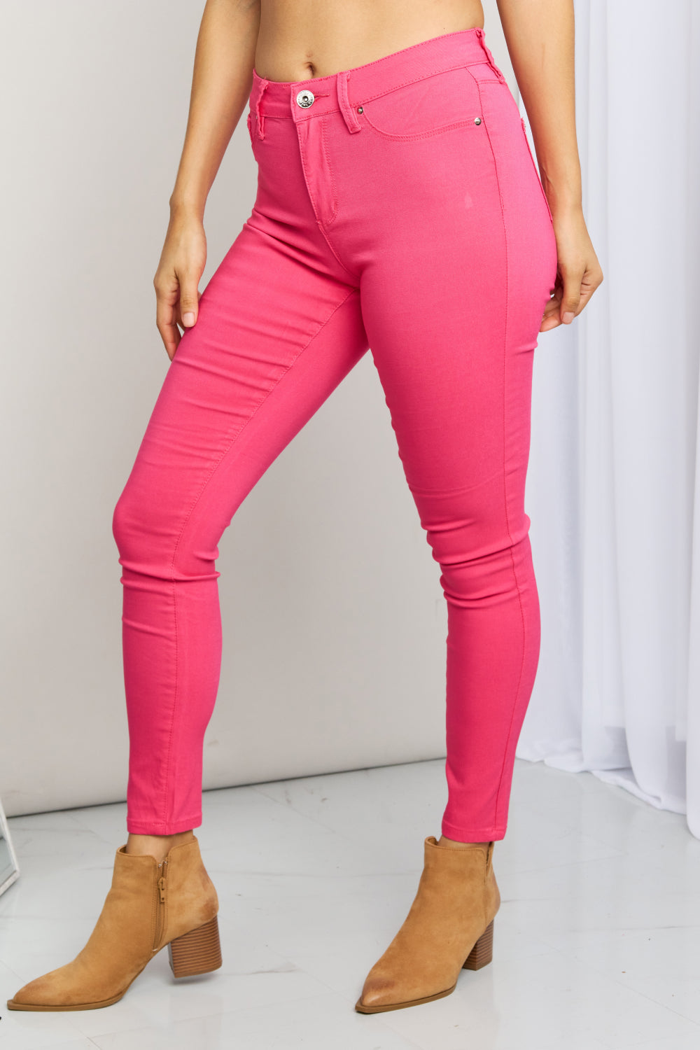 Kate Hyper-Stretch Mid-Rise Skinny Jeans in Fiery Coral
