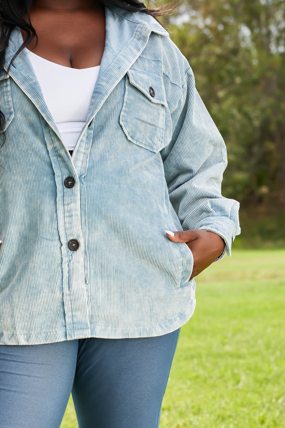 Corn Maze Vintage Washed Corduroy Shacket in Blue Grey