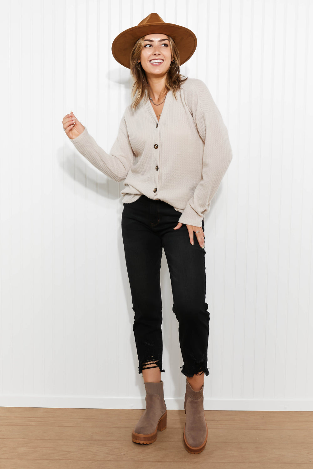 Home at Last Waffle Knit Button Down Cardigan