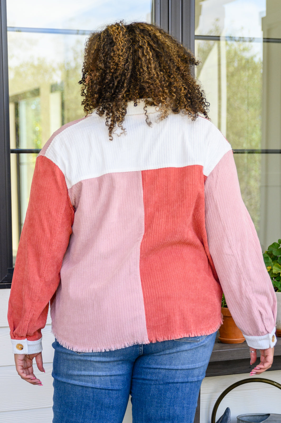 Draw You In Corduroy Color Blocked Shacket In Mauve