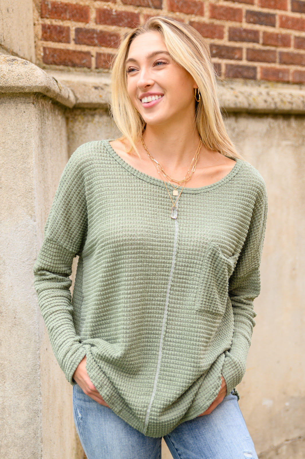 Hillside Views Waffle Knit Long Sleeve Top In Sage