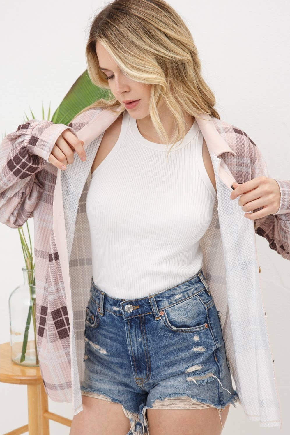 Thermal Plaid Knit Button Up top