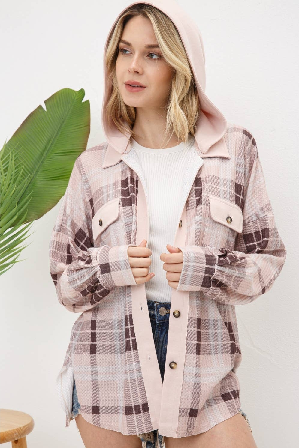 Thermal Plaid Knit Button Up top